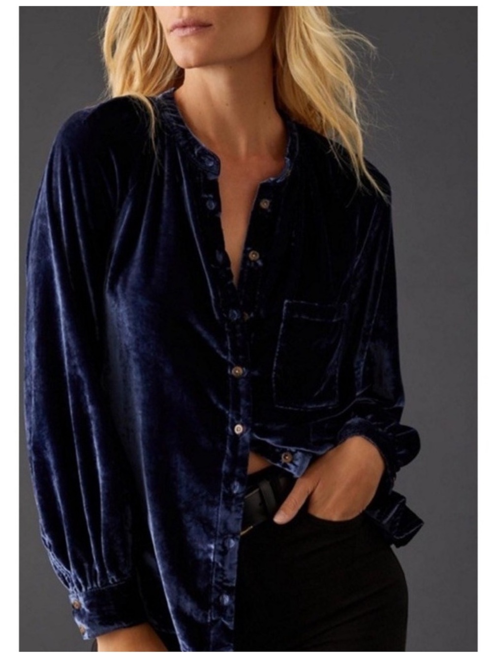 Pilcro Anthropologie Femme Velvet Shirt Navy Buttondown Blouse Women’s XS